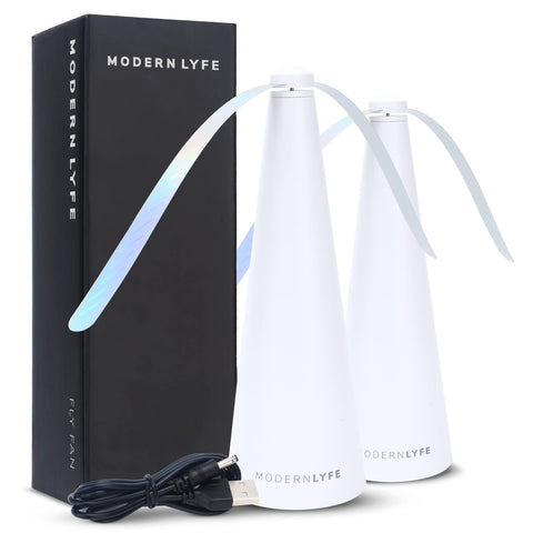 Modern Lyfe Fly Fan on a table powered by USB to deter flies during dining