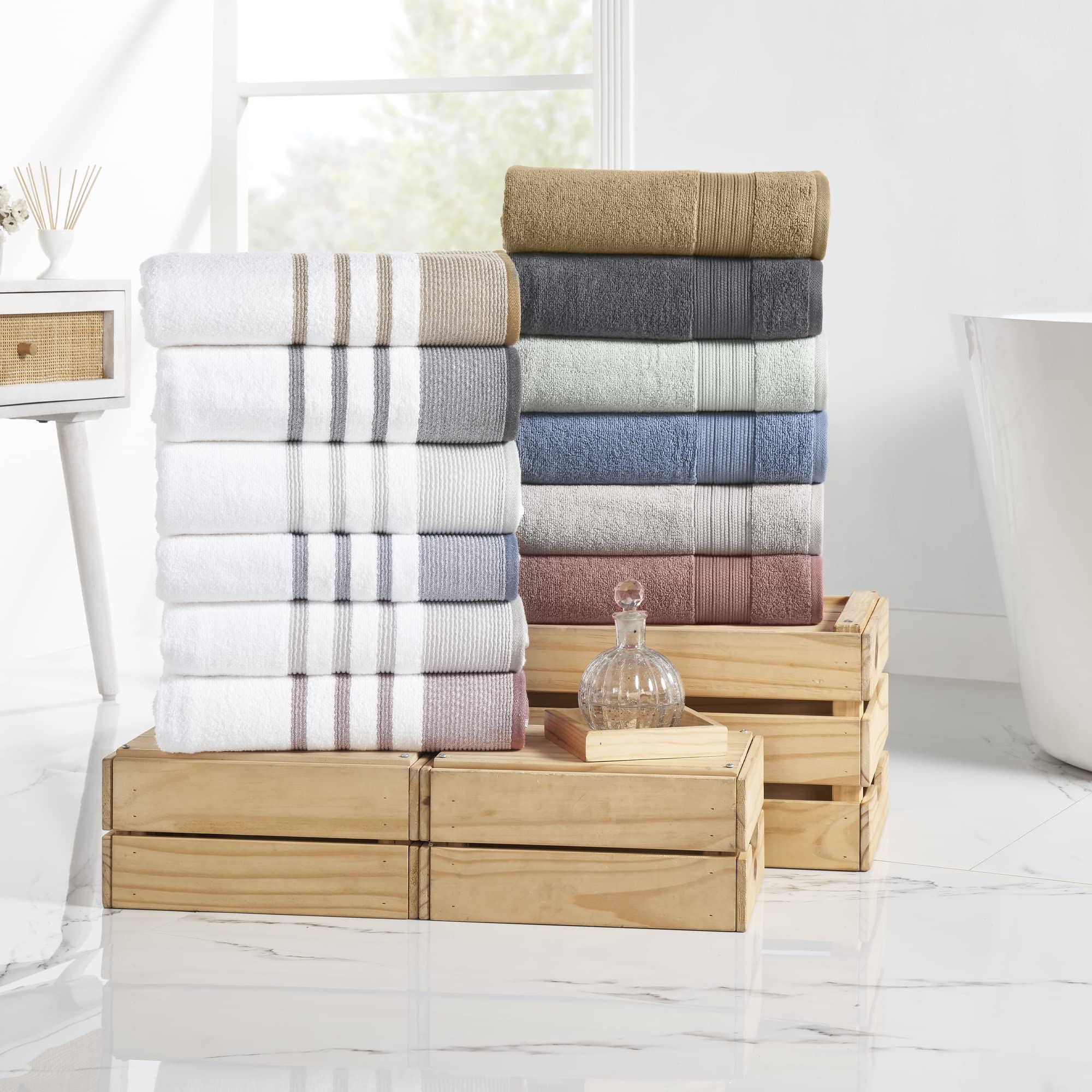 Modern Threads towel set in a bathroom display demonstrates quick-dry performance.
