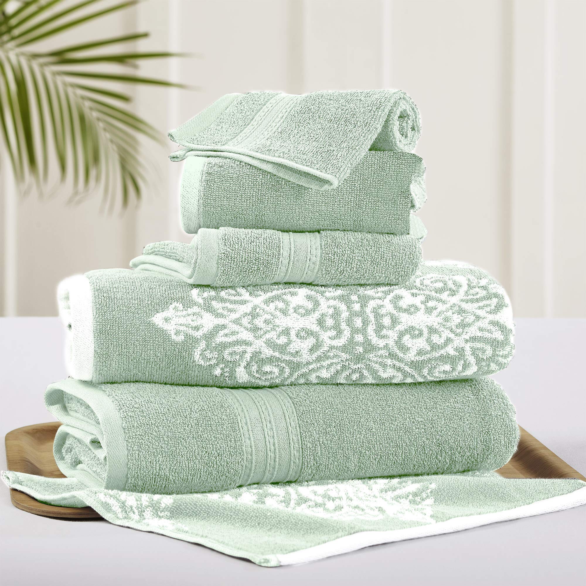 Modern Threads Artesia Damask Sage bath towel close-up, plush and ultra-absorbent for quick drying.