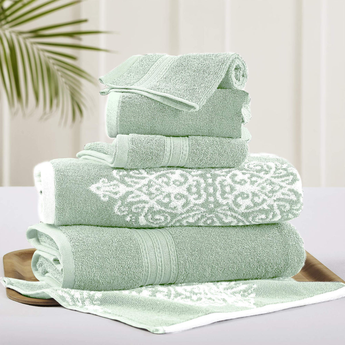 Modern Threads Artesia Damask Sage bath towel close-up, plush and ultra-absorbent for quick drying.