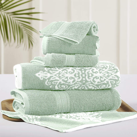 Modern Threads Artesia Damask Sage bath towel close-up, plush and ultra-absorbent for quick drying.