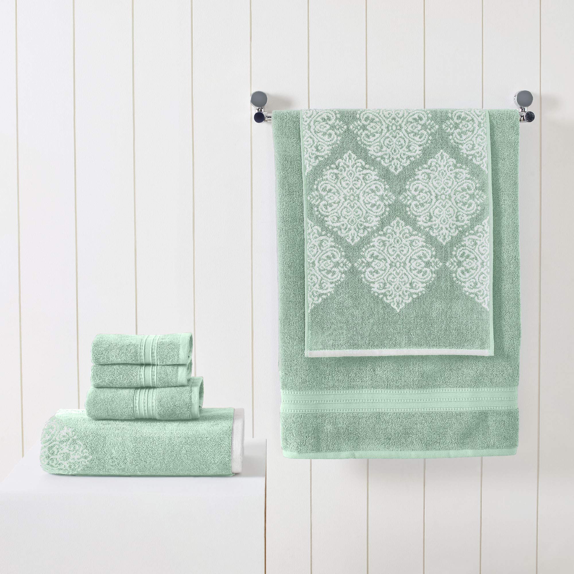 Modern Threads Artesia Damask Sage hand towel neatly folded for daily use.