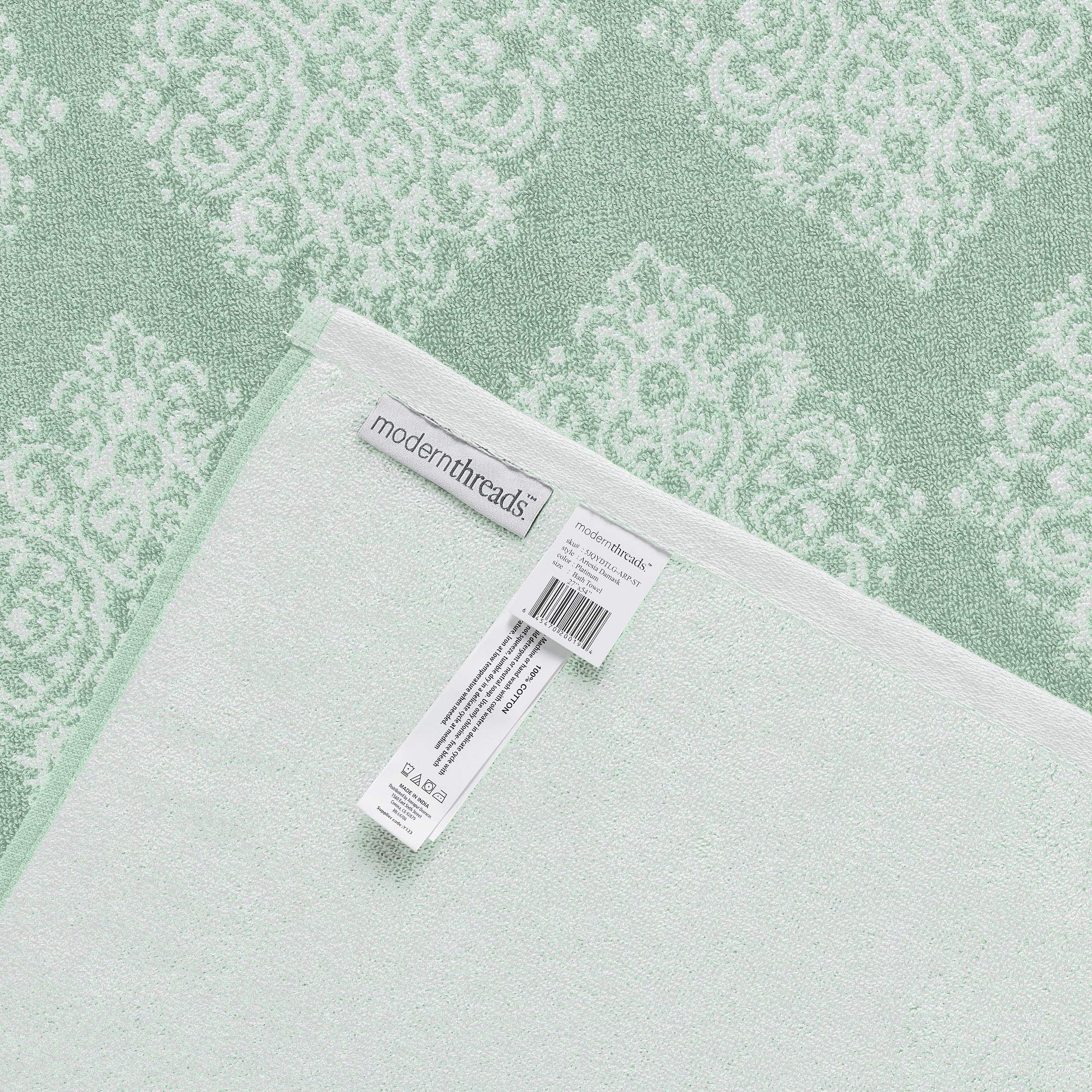 Modern Threads Artesia Damask Sage washcloth detail shows soft, absorbent weave.