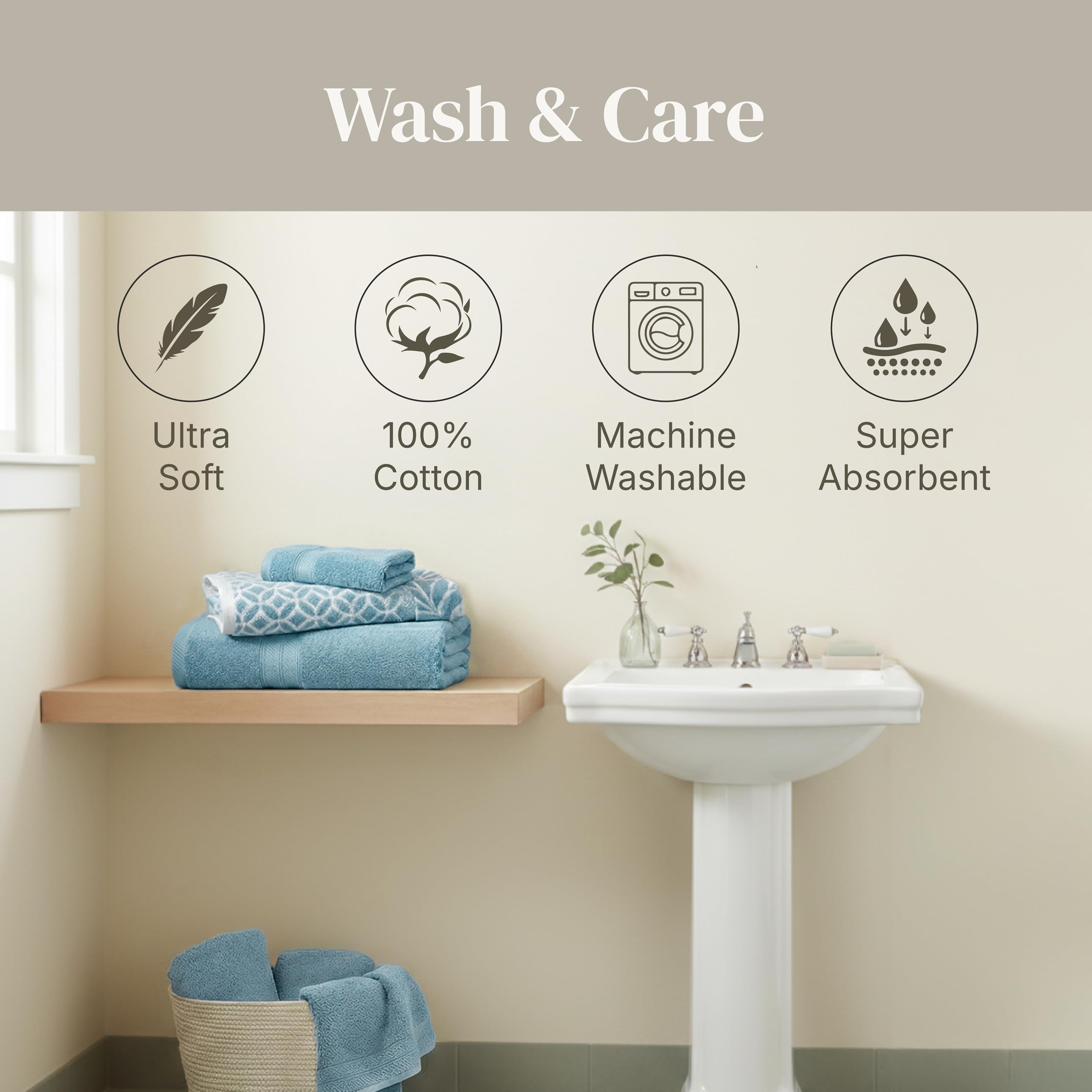 Modern Threads Botanical Vine Sky Blue set brightens the bathroom