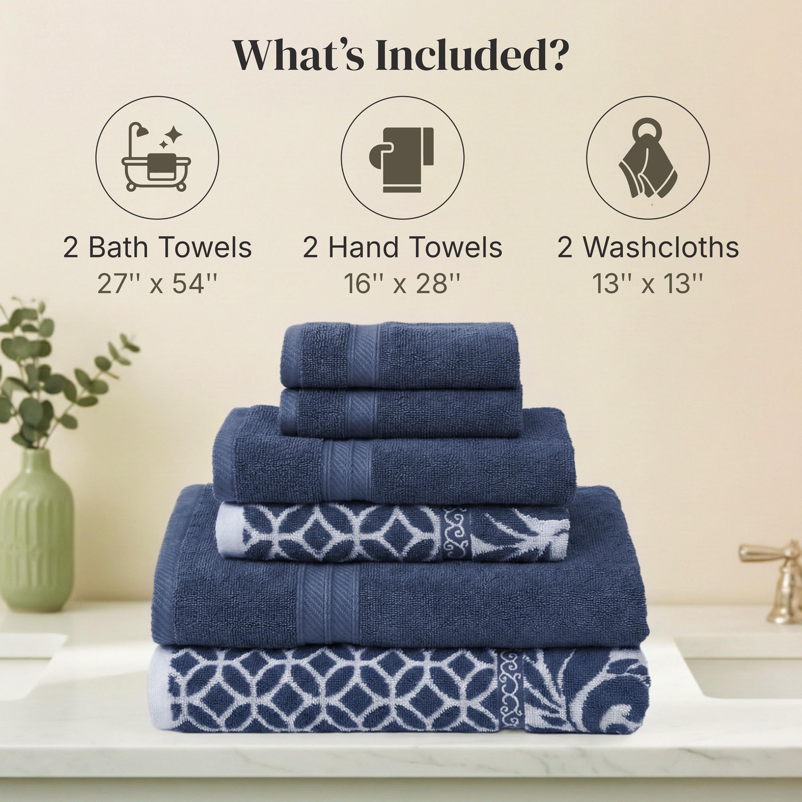 Modern Threads Botanical Vine navy bath towels draped for spa-like, plush bathroom upgrade