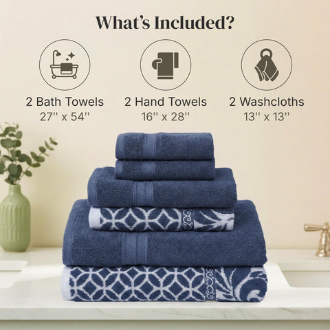 Modern Threads Botanical Vine navy bath towels draped for spa-like, plush bathroom upgrade
