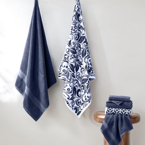 Modern Threads Botanical Vine navy towel set folded display shows soft weave and quick-dry fibers