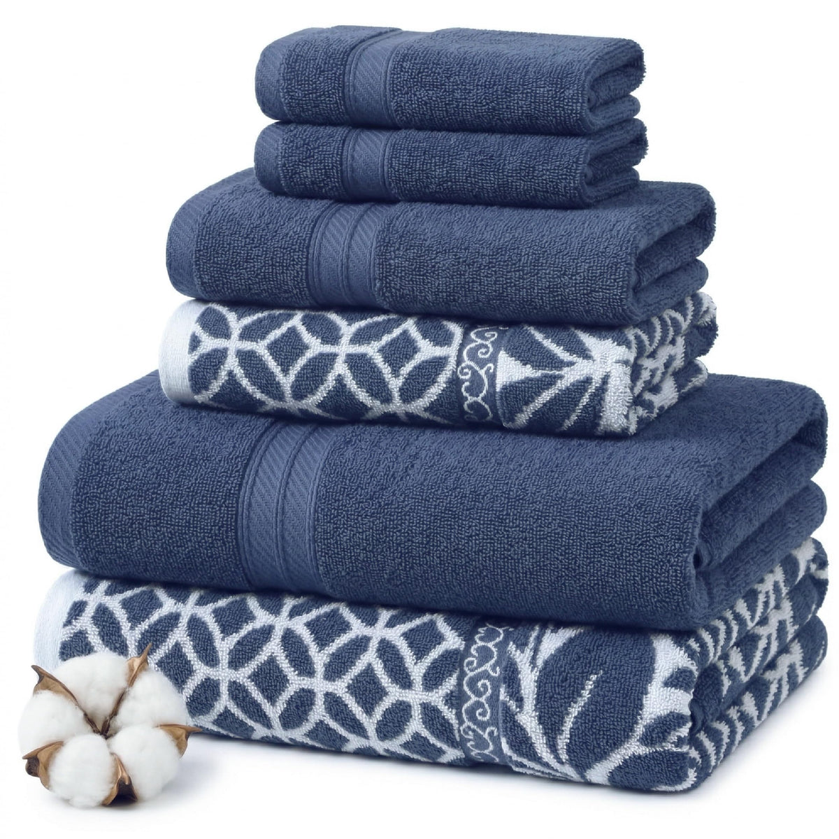 Modern Threads Botanical Vine navy towel set front view highlighting plush cotton and jacquard pattern
