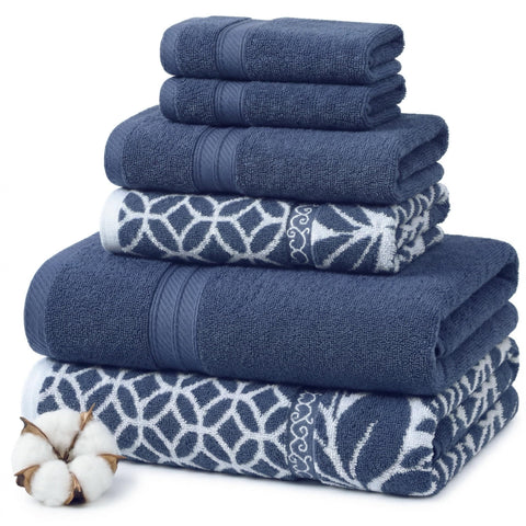 Modern Threads Botanical Vine navy towel set front view highlighting plush cotton and jacquard pattern