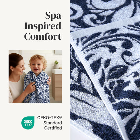 Modern Threads Botanical Vine navy hand towels show reversible jacquard detail