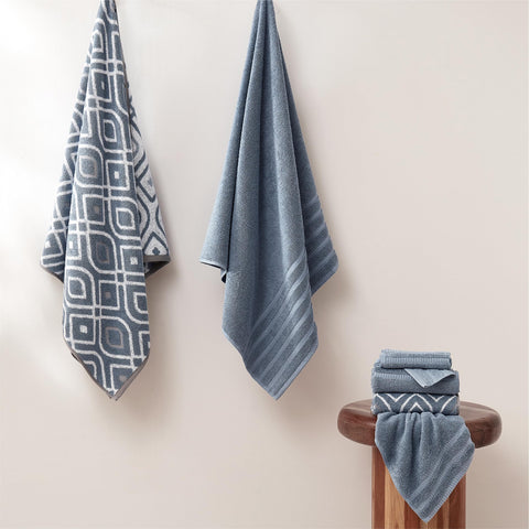 Modern Threads Classic Diamond hand towel blue, compact for guest bathroom care.