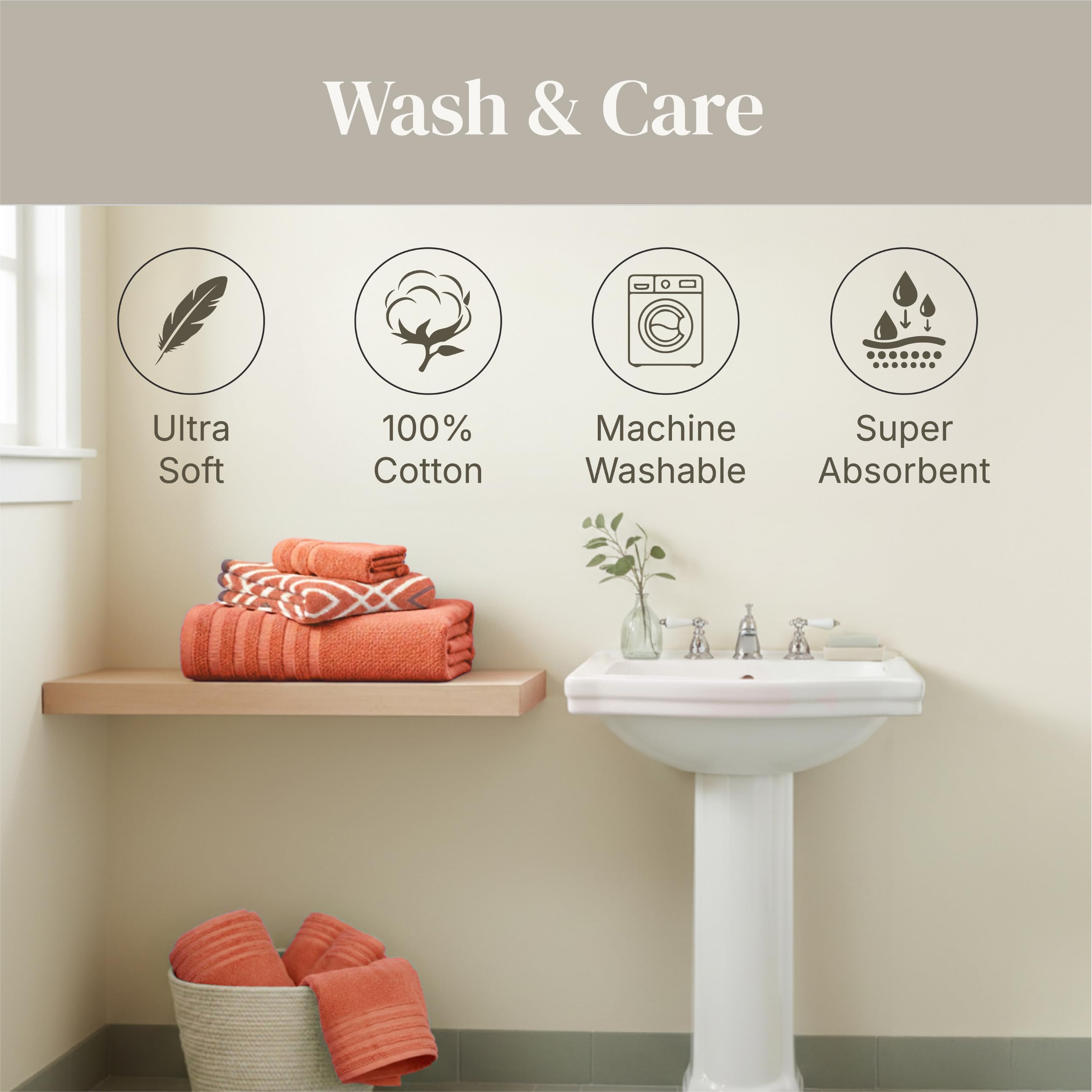 Modern Threads Classic Diamond towels folded on rack for a warm bathroom look