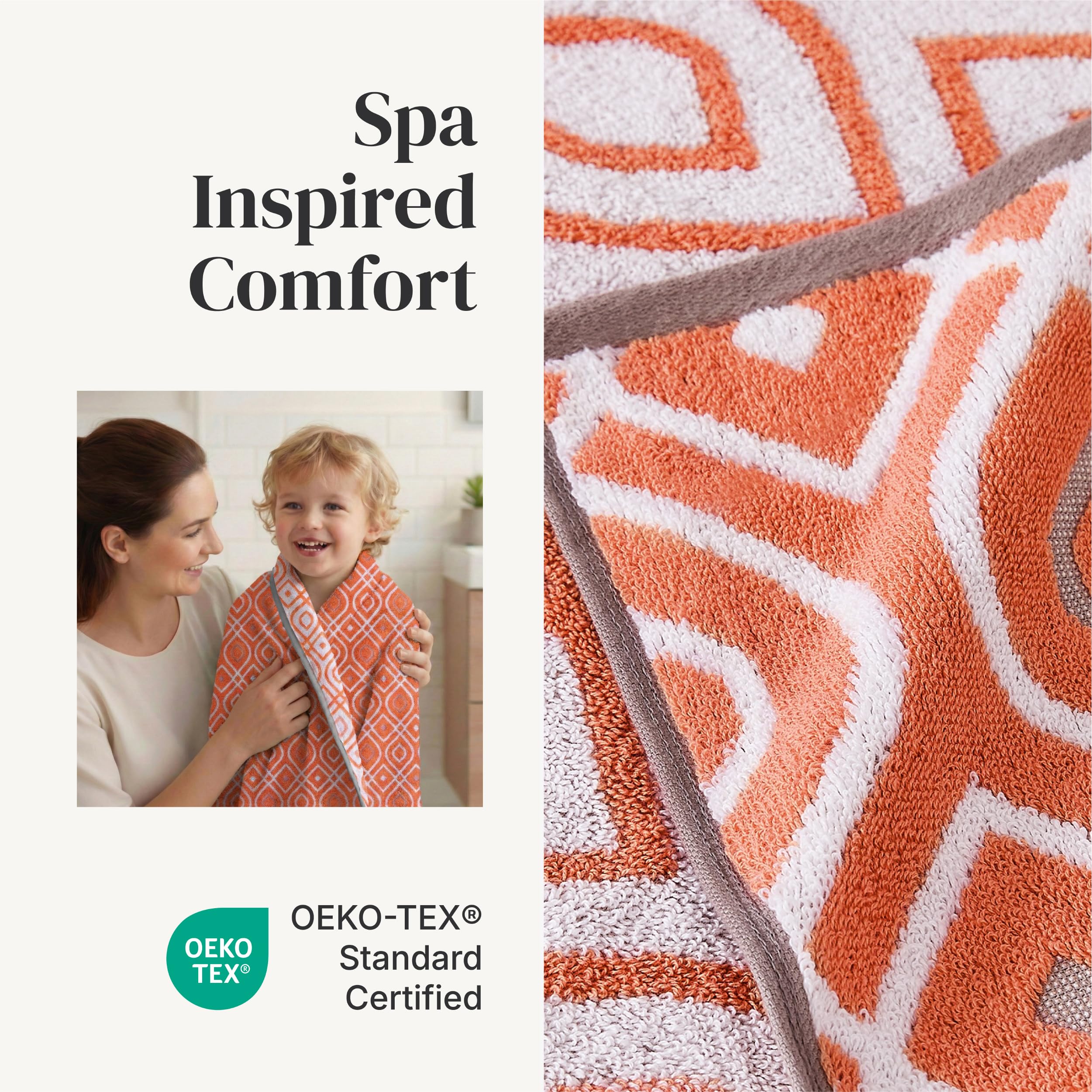 Yarn-dyed jacquard texture detail on Modern Threads Classic Diamond towels in rust orange