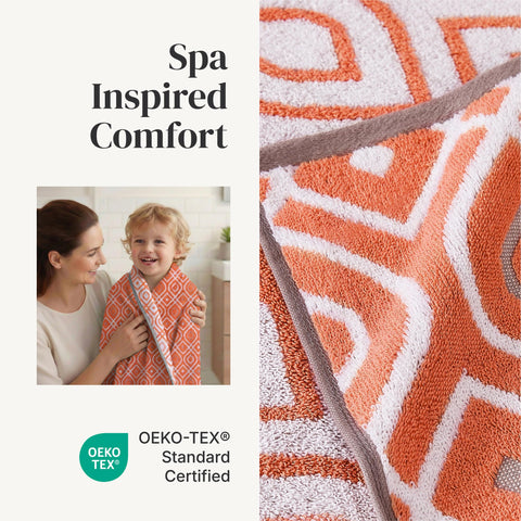 Yarn-dyed jacquard texture detail on Modern Threads Classic Diamond towels in rust orange