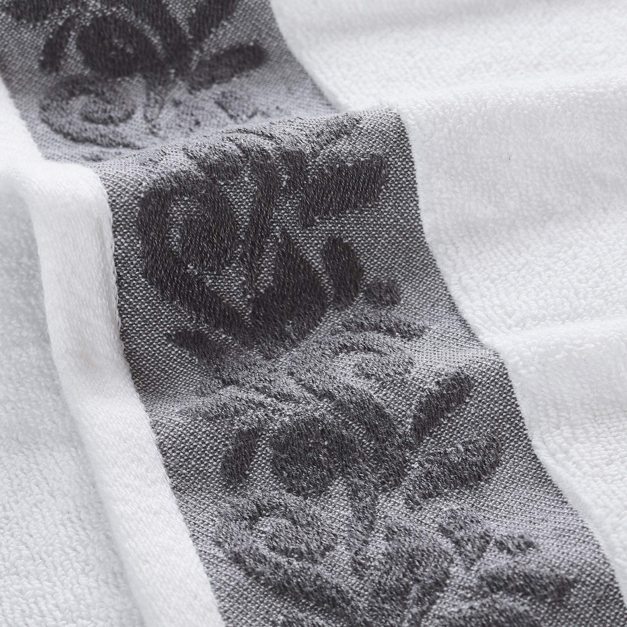 Modern Threads filgree border charcoal close-up on towel edge.
