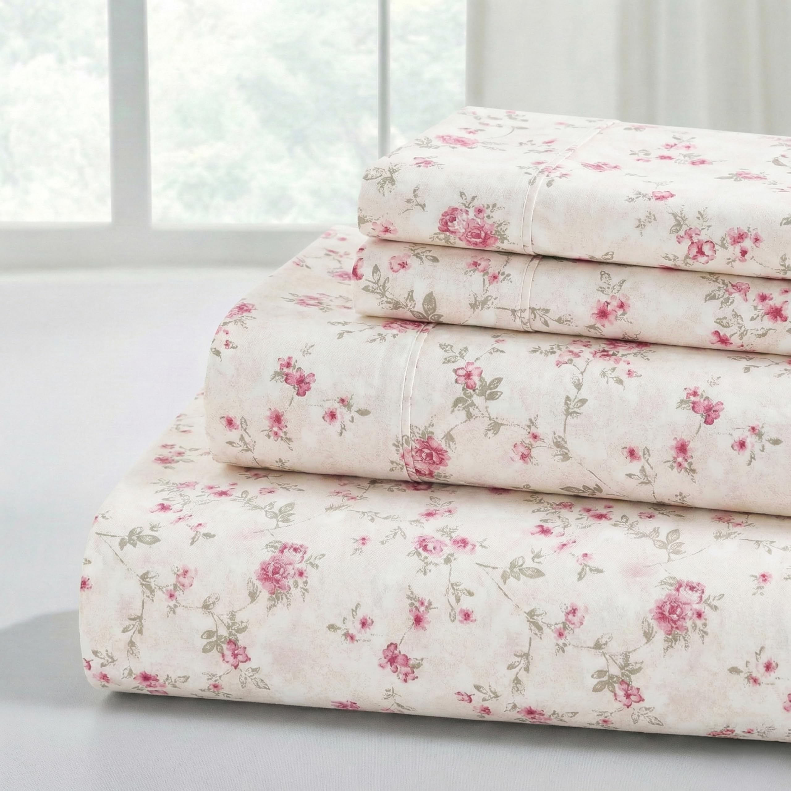 Modern Threads Floral Rose sheet set with soft touch and pink florals for a cozy bedroom.
