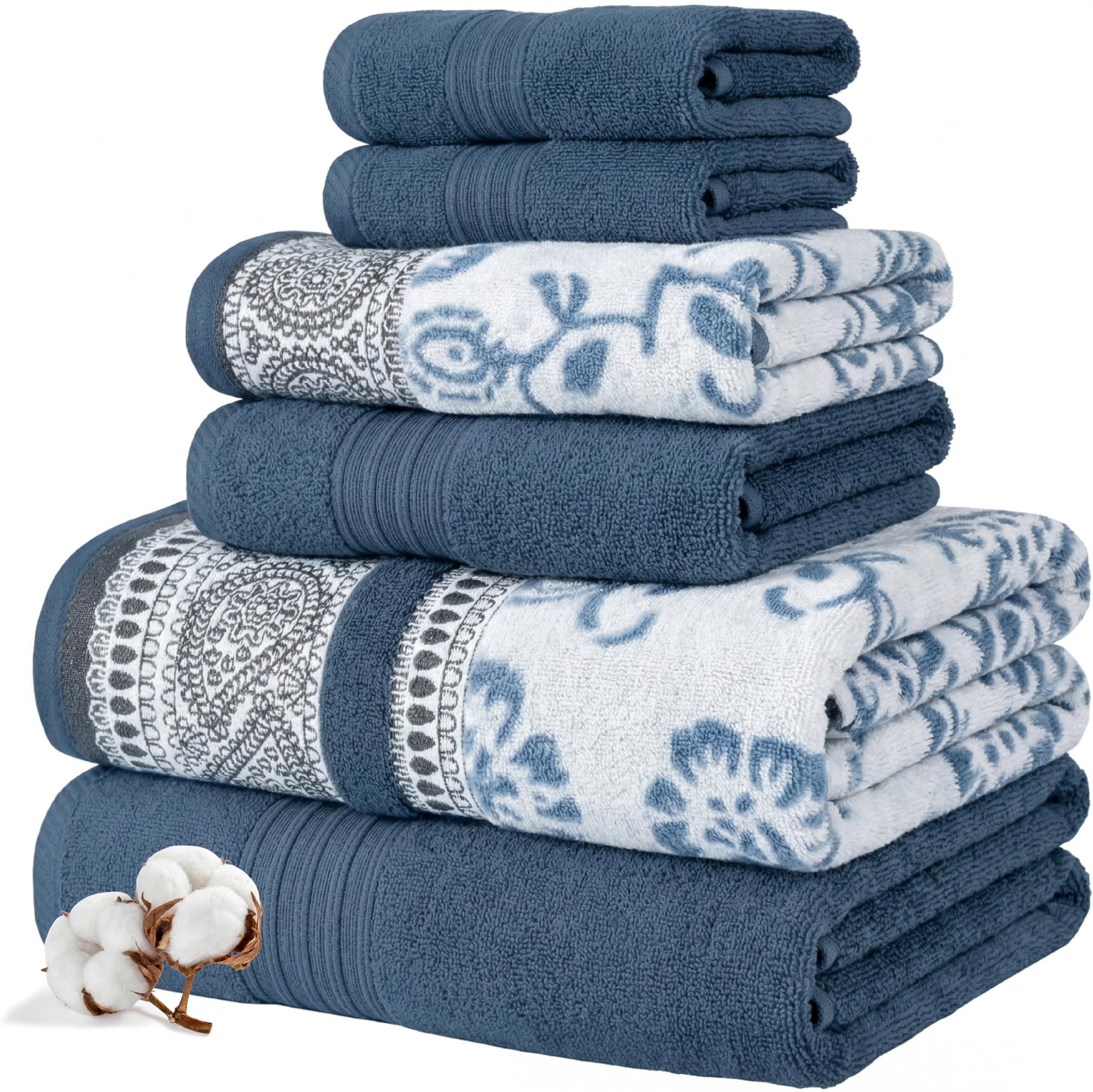 Modern Threads Floral Trail bath towel in navy showing plush, absorbent cotton.