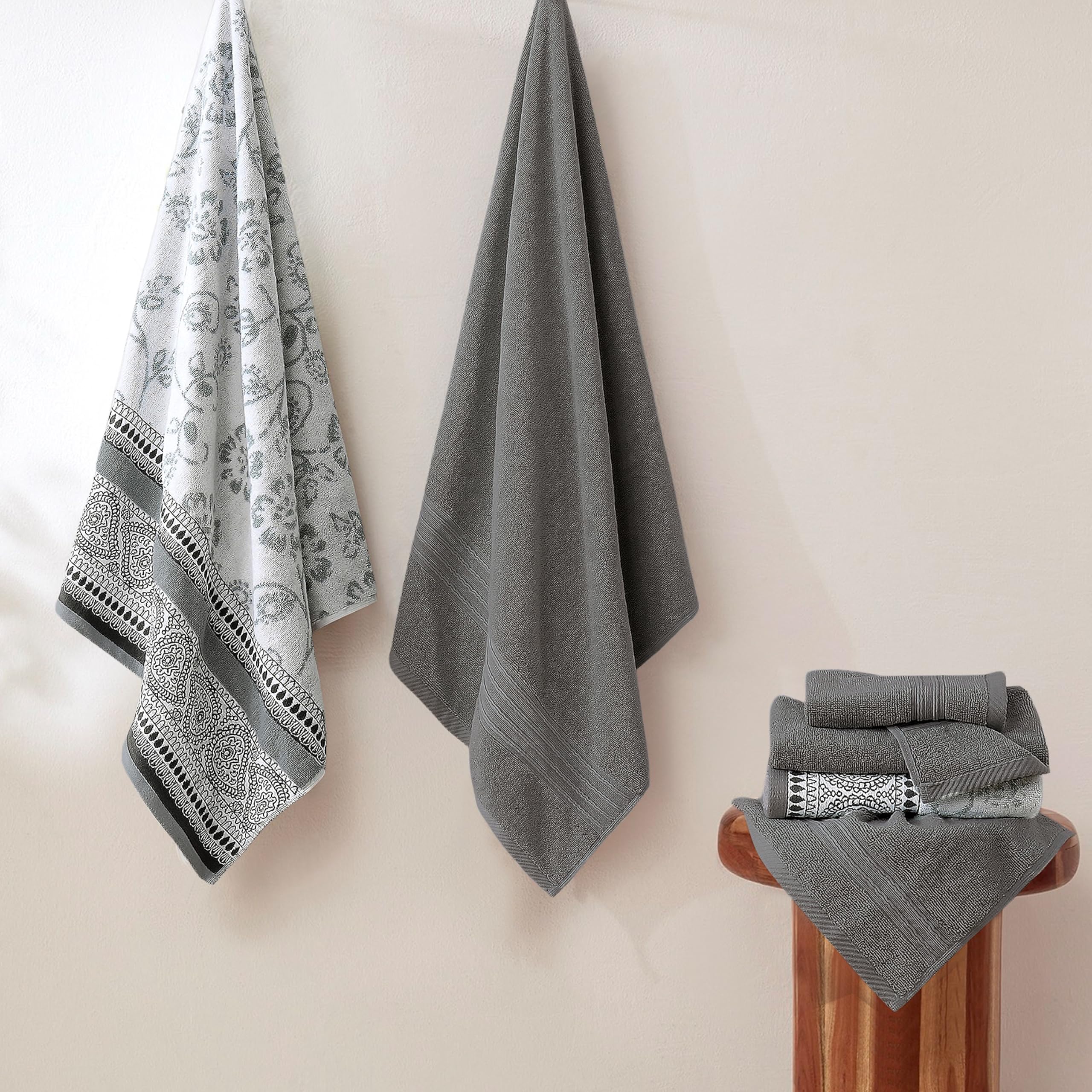 Modern Threads Floral Trail hand towel in gray highlighting absorbent everyday use