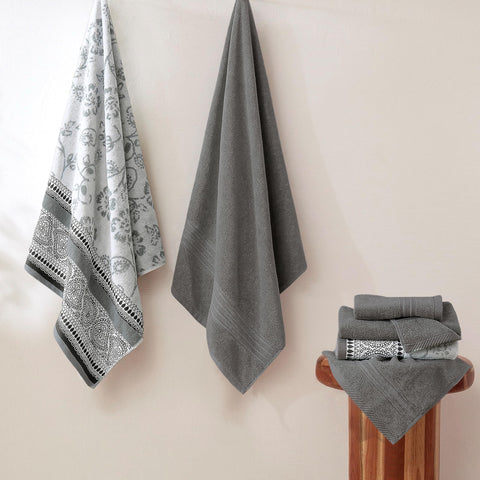 Modern Threads Floral Trail hand towel in gray highlighting absorbent everyday use