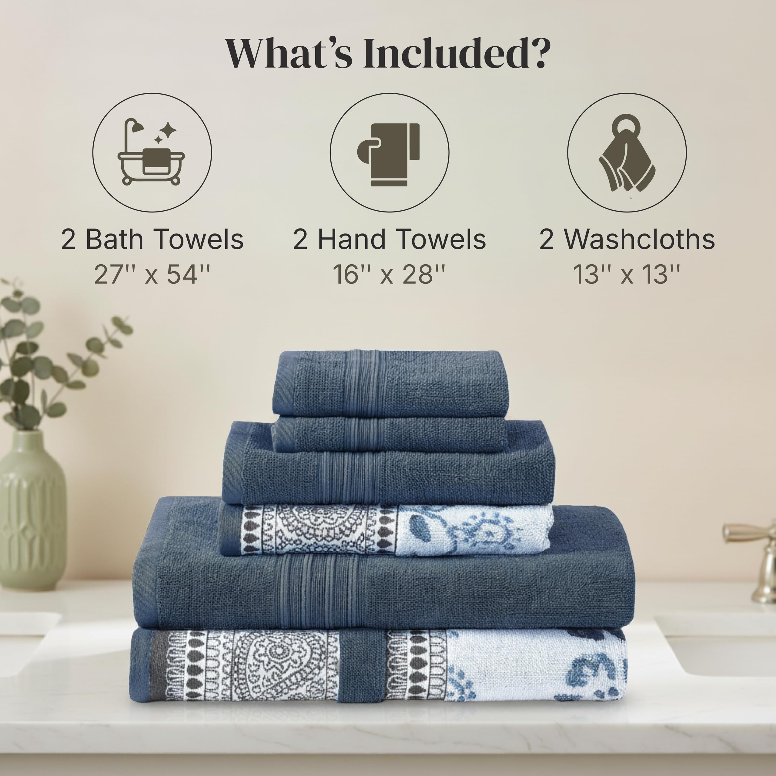 Modern Threads Floral Trail hand towel in navy, soft and quick-drying.