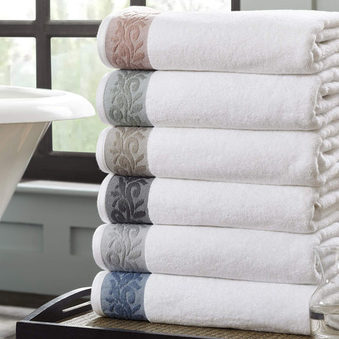 Modern Threads hand towel 16x28 charcoal showing jacquard border detail.