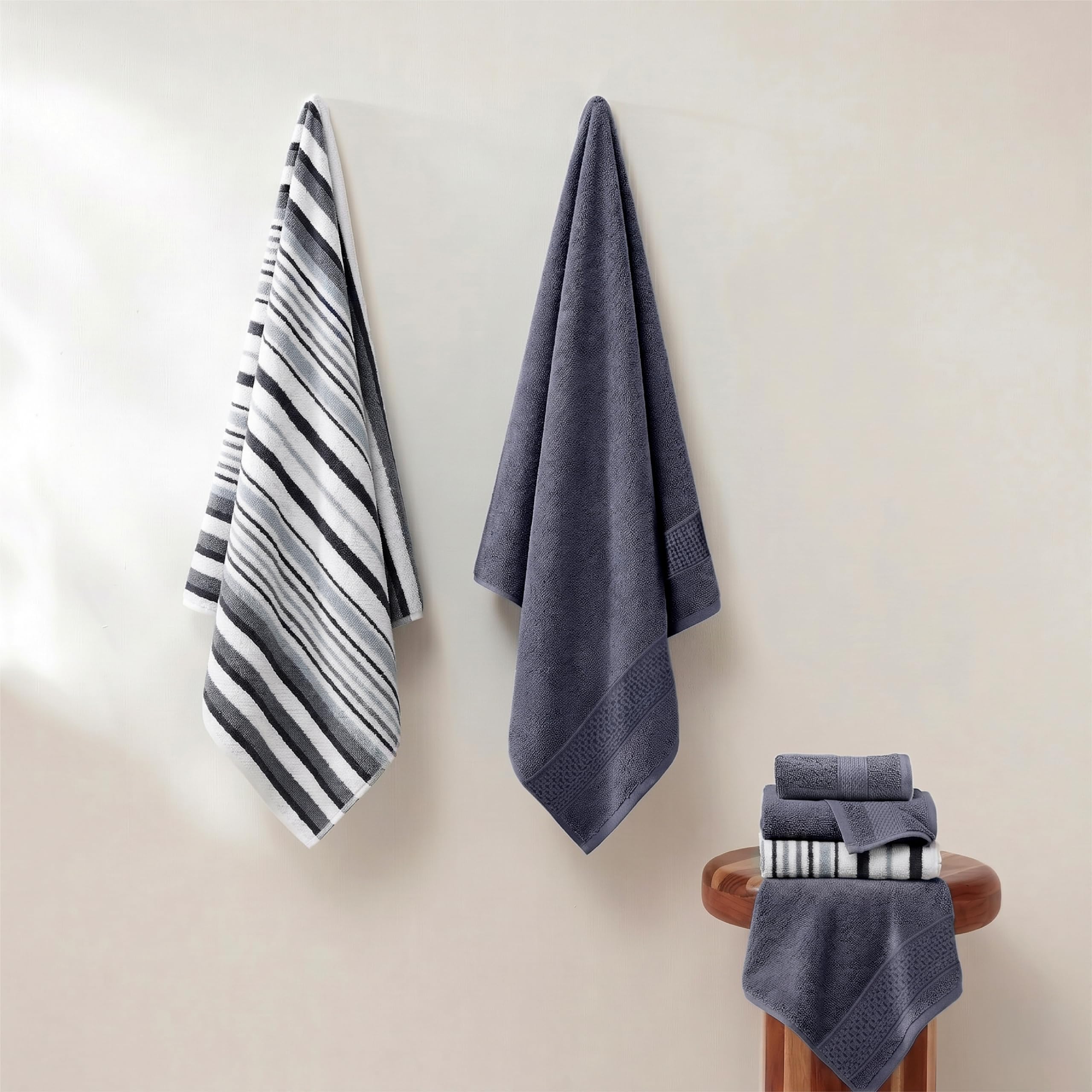 Pax bath towel jacquard detail highlighting absorbent weave in denim