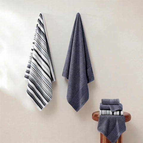 Pax bath towel jacquard detail highlighting absorbent weave in denim