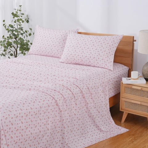 Modern Threads Roses on Blush fitted sheet highlights deep pocket fit for thick mattresses.