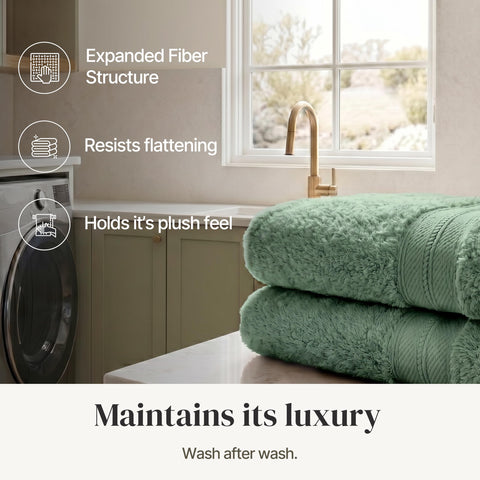 Modern Threads Spun Loft towels in eucalyptus color elevate bathroom decor.