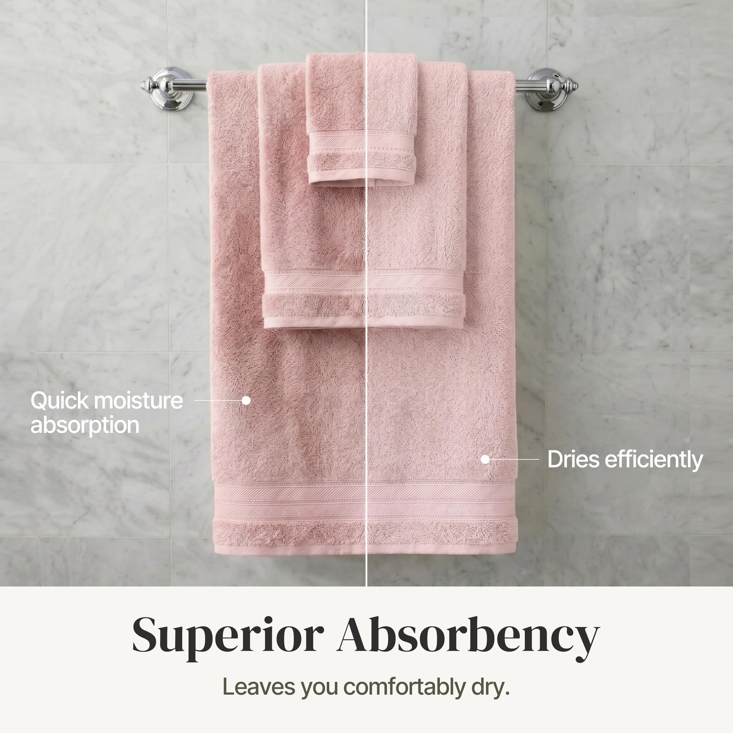 Folded Modern Threads Spun Loft towel set on rack in a modern bathroom.