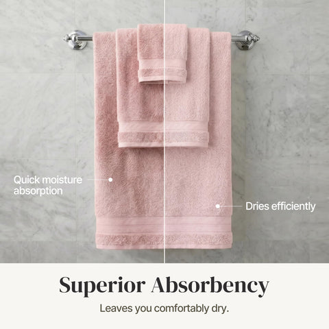Folded Modern Threads Spun Loft towel set on rack in a modern bathroom.