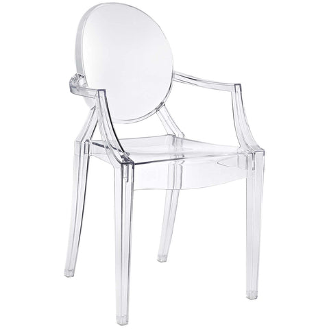 Modway Casper clear acrylic arm chair side view shows sleek transparency.
