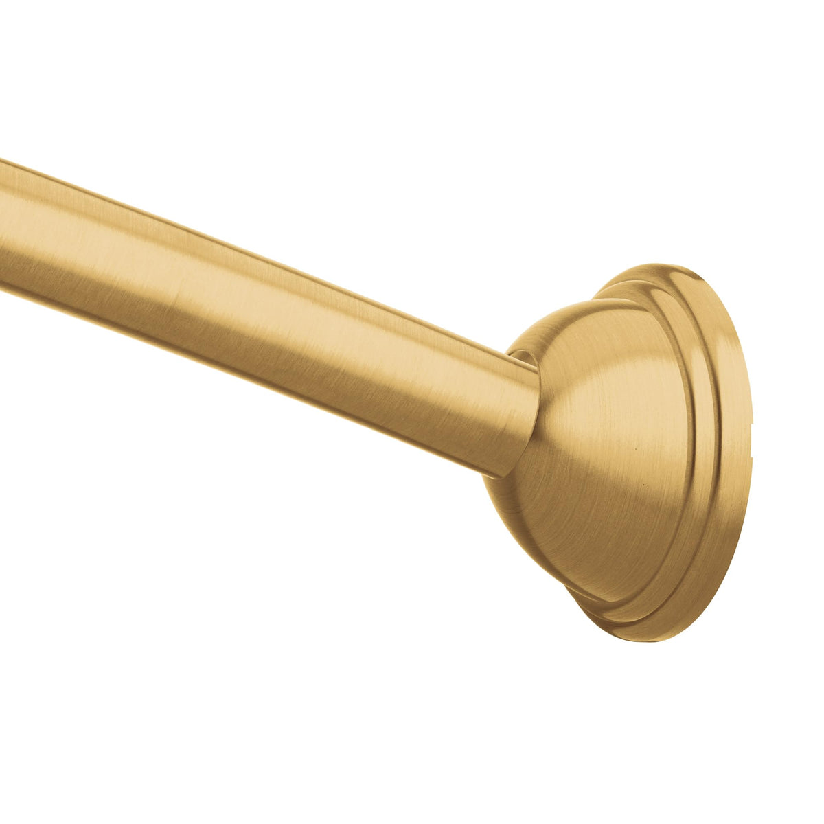 Moen CSR2160BG brushed gold curved shower rod shows 54-72 inch adjustable length with extra elbow room.