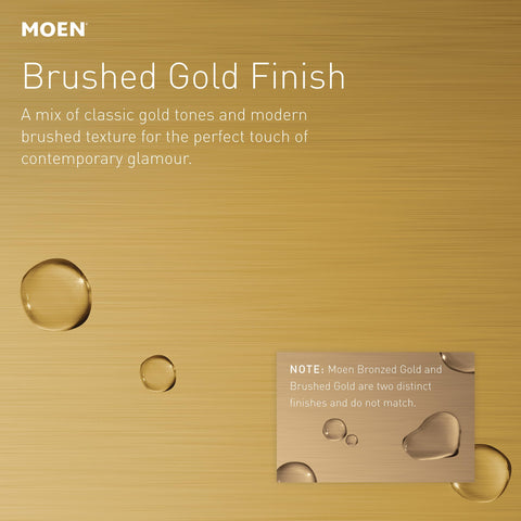 Moen brushed gold curved shower rod brackets enable flexible, secure installation.
