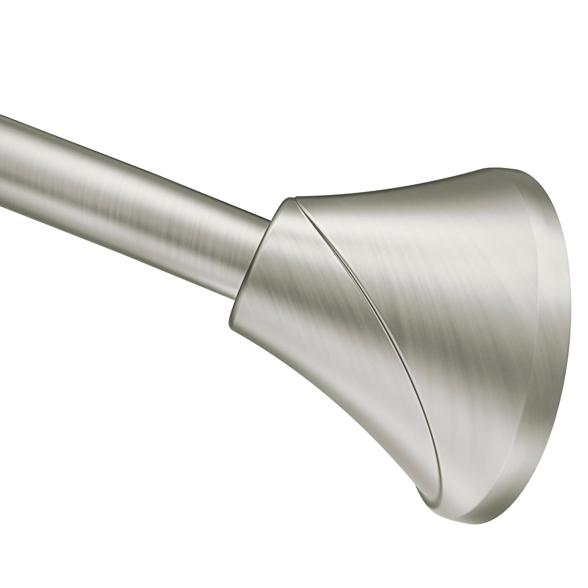 Moen curved tension rod in brushed nickel extends shower space for a roomier feel.