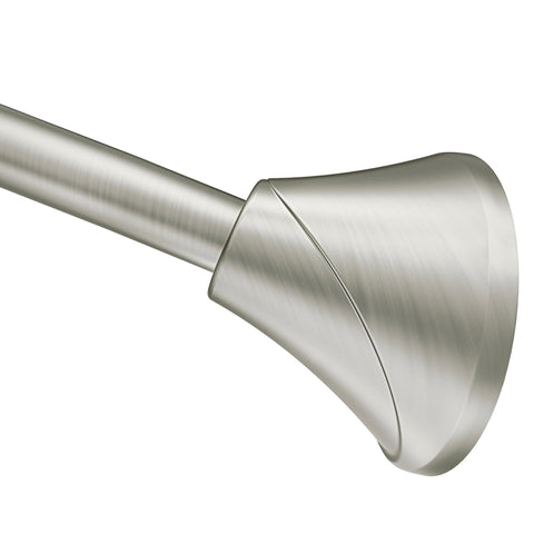 Moen curved tension rod in brushed nickel extends shower space for a roomier feel.