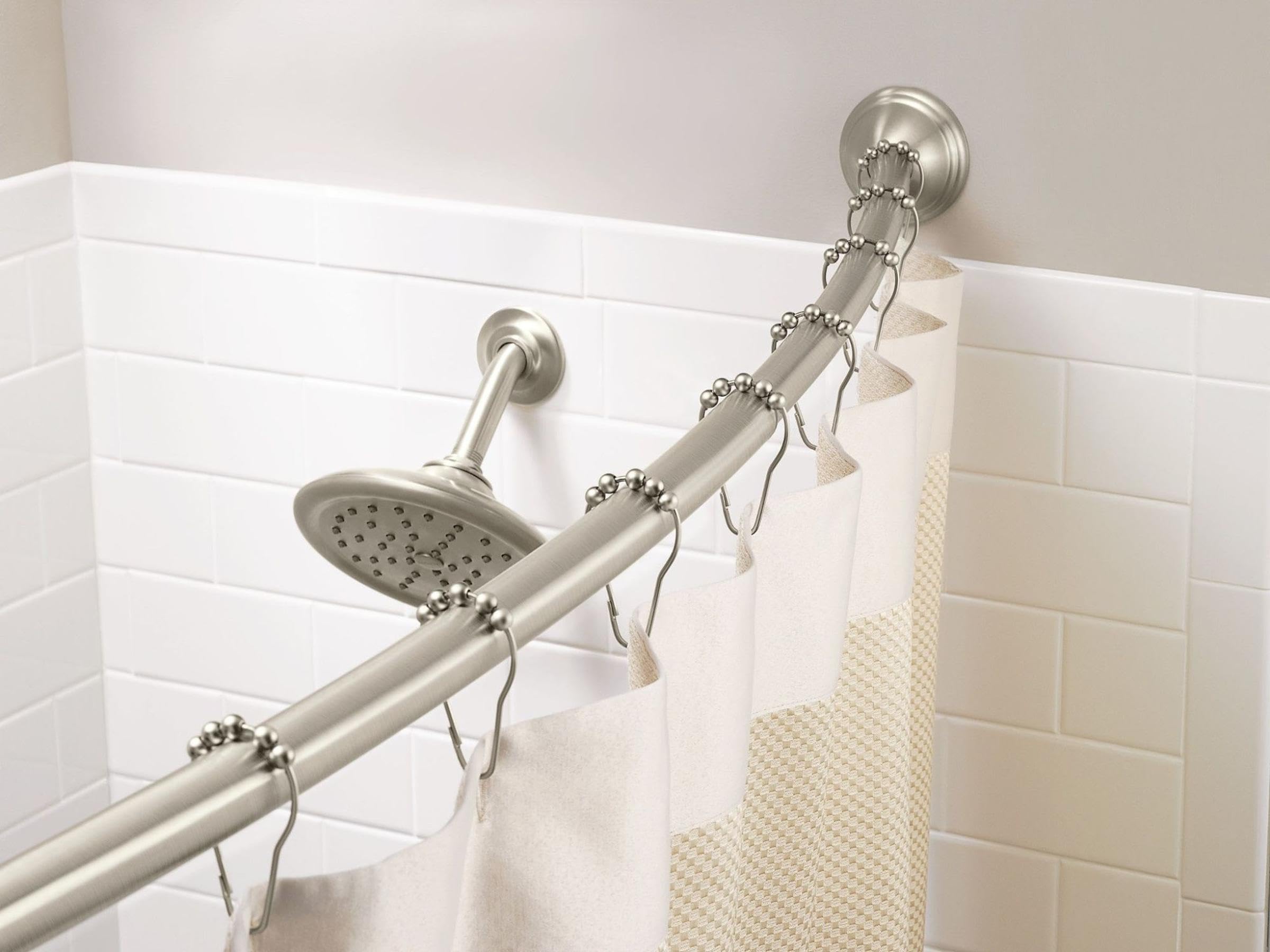 Moen fixed mount curved rod is easy to install for 4.5–6 ft showers.