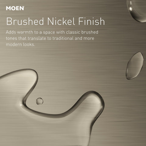 Brushed nickel finish adds warm inviting tone to bathroom decor.