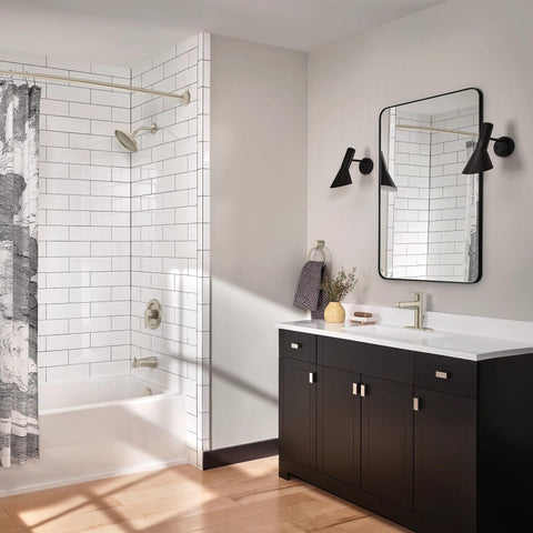 Moen shower curtain rod fits standard 72 by 72 inch curtains.