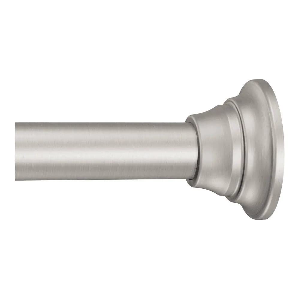 Close-up of decorative covers on Moen brushed-nickel rod concealing hardware.