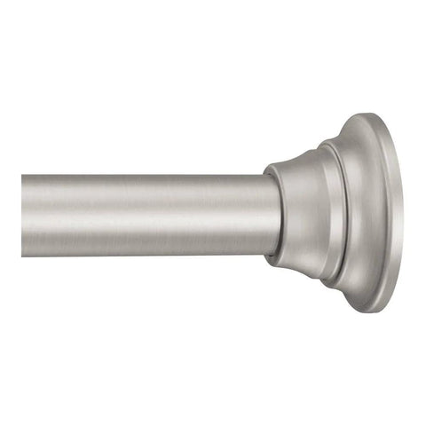 Close-up of decorative covers on Moen brushed-nickel rod concealing hardware.