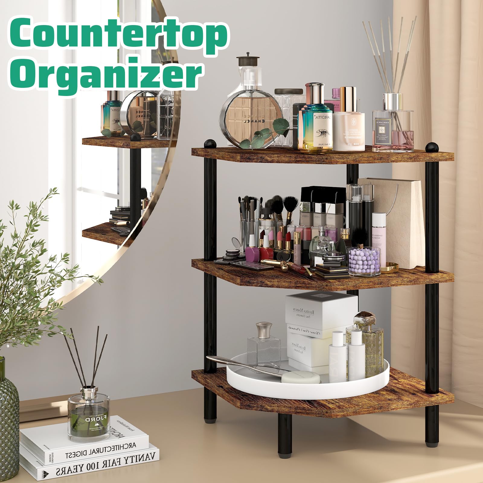 MOFAIN 3-tier corner shelf organizer shows versatile storage for spices, toiletries, and decor