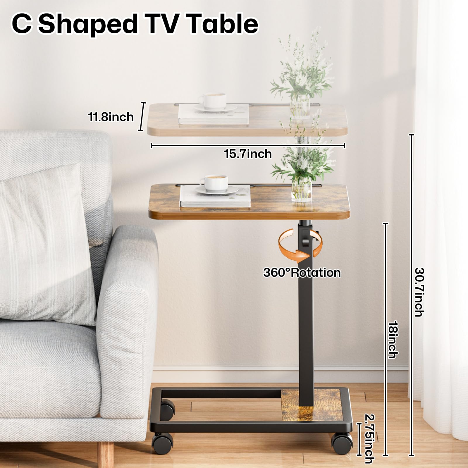 MOFAIN C-shaped end table beside couch, compact mobile design for snacks and beverages.