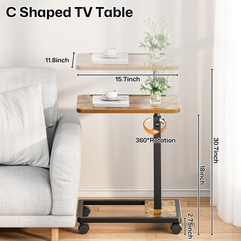MOFAIN C-shaped end table beside couch, compact mobile design for snacks and beverages.