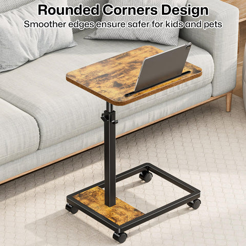 MOFAIN wheeled TV tray on hardwood or carpet, easy to move with brakes.