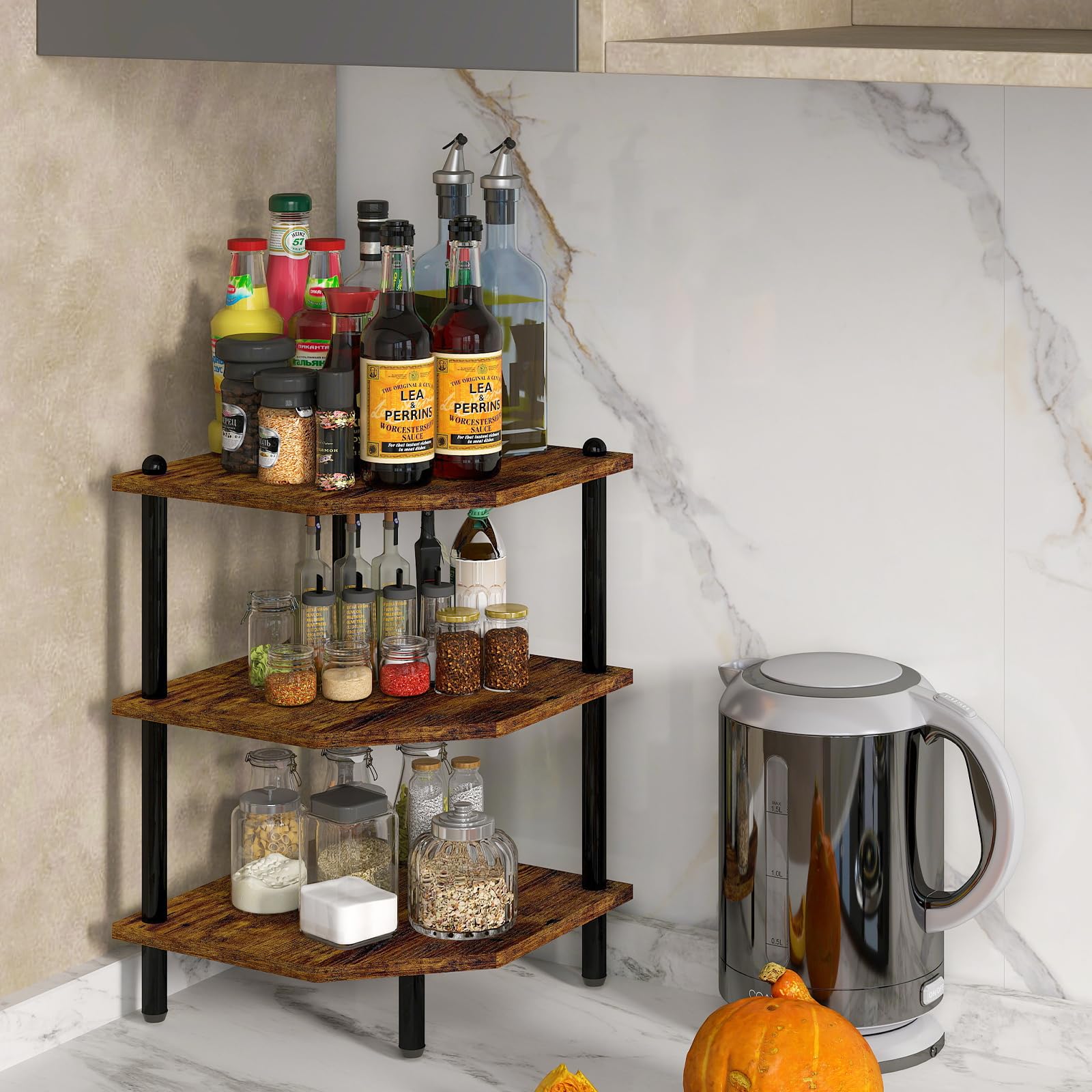 MOFAIN rustic brown corner rack adds warmth while maximizing vertical storage