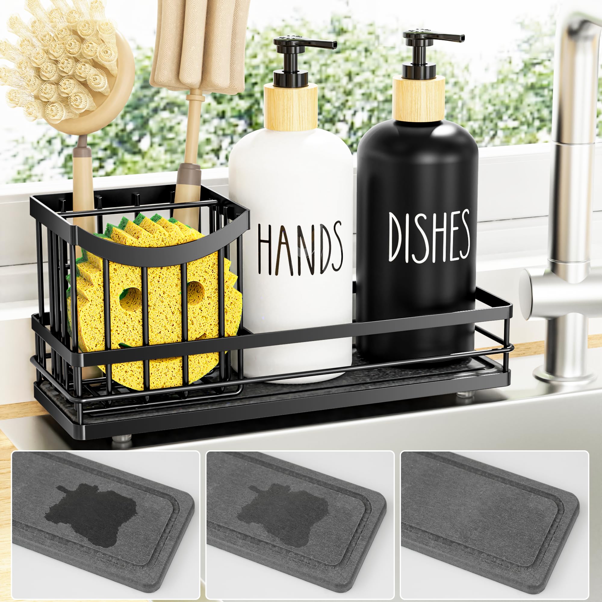 Moforoco hand and dish soap dispenser with 16oz glass bottle for easy kitchen refills.