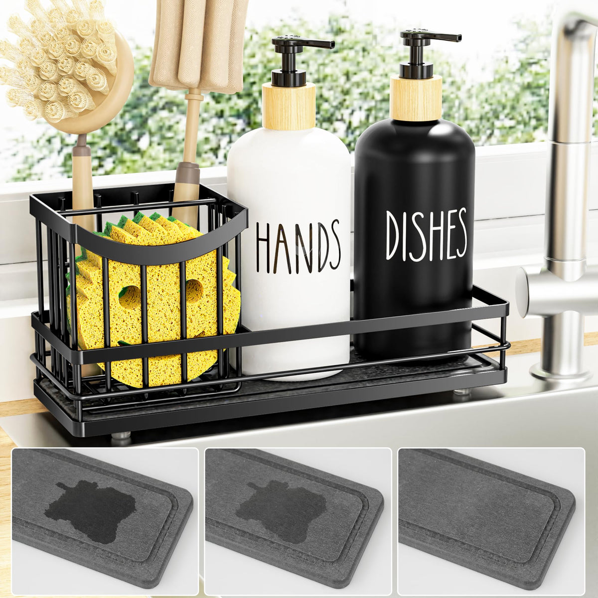 Moforoco hand and dish soap dispenser with 16oz glass bottle for easy kitchen refills.