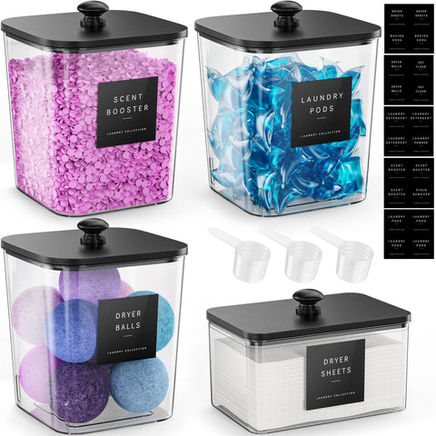 Moforoco clear laundry pods container with black wood lid, easy visibility and access.