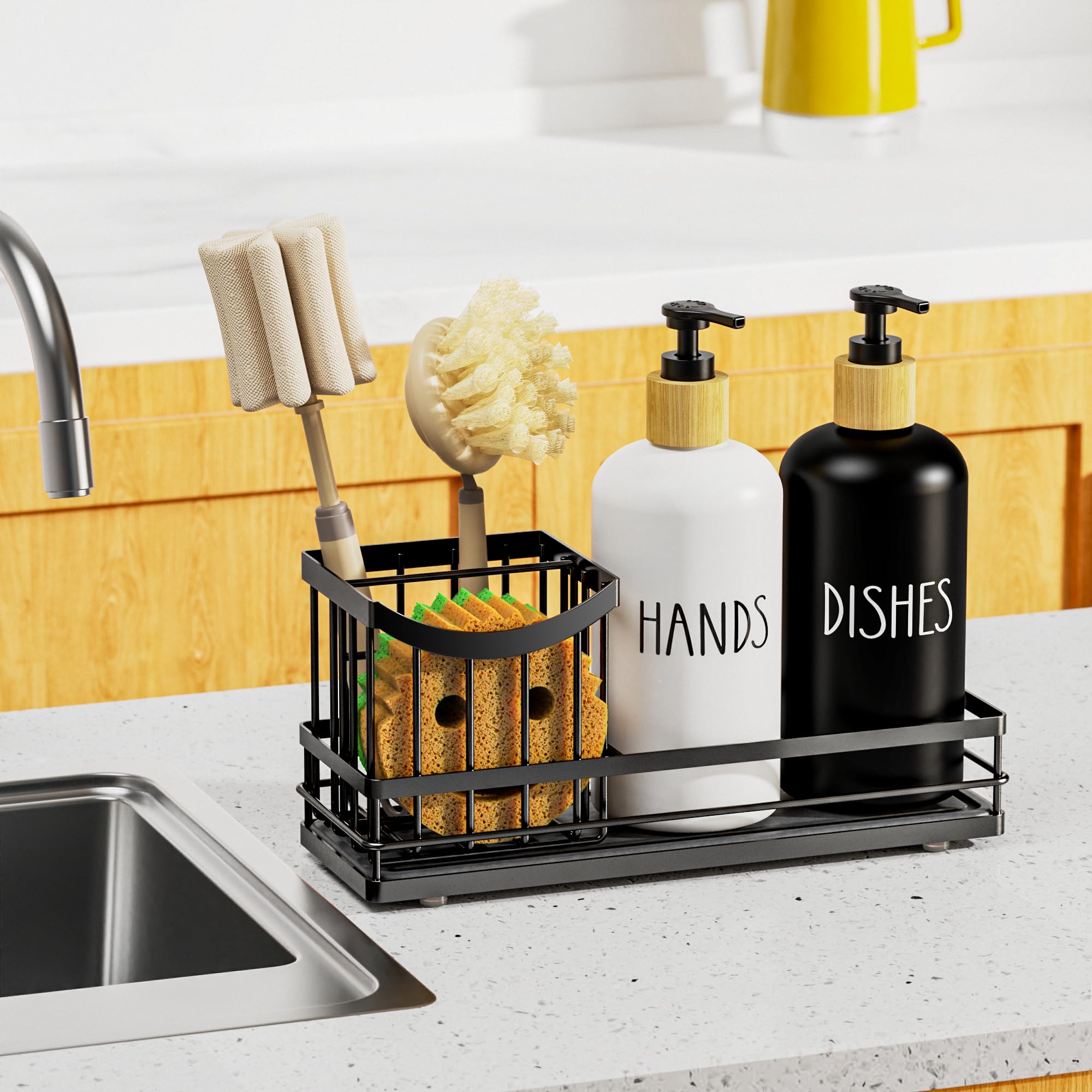 Moforoco all-in-one soap dispenser set helps declutter the sink area.